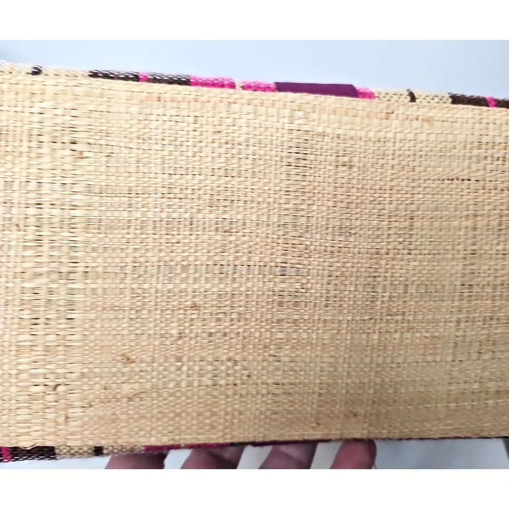 Handmade Woven Raffia Tote Bag Purple Faux Leather Straps Striped Boho Summer